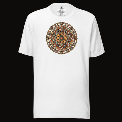 Solid White Blend tee with the Desert Sunburst Mandala graphic