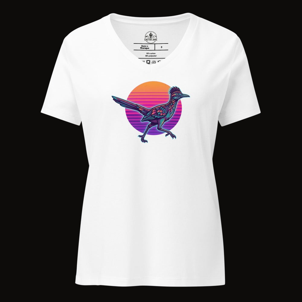 Solid White Blend V-neck tee with the Synthwave Roadrunner Sunset graphic