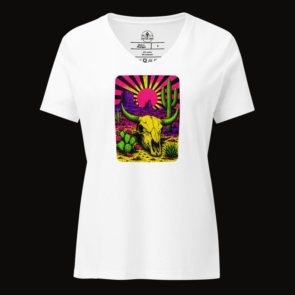 Solid White Blend V-neck tee with the Neon Blacklight Cow Skull graphic