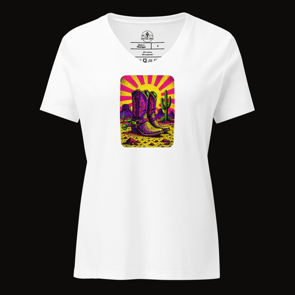Solid White Blend V-neck tee with the Neon Burst Cowboy Boots graphic