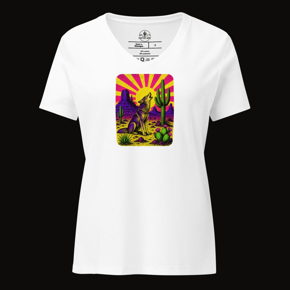 Solid White Blend V-neck tee with the Neon Sunburst Coyote graphic