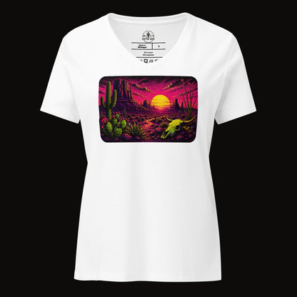 Solid White Blend V-neck tee with the Blacklight Desert Sunset graphic