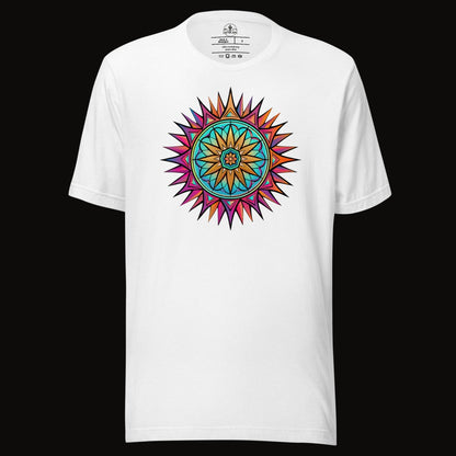 Solid White Blend tee with the Neon Gradient Mandala graphic