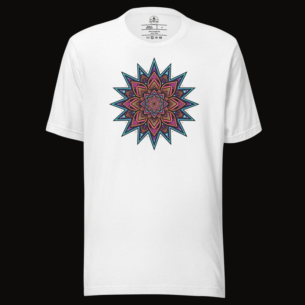 Solid White Blend tee with the Neon Burst Mandala graphic
