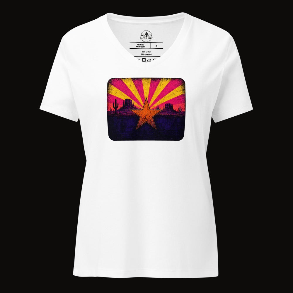 Solid White Blend V-neck tee with the Neon Arizona Flag Star graphic