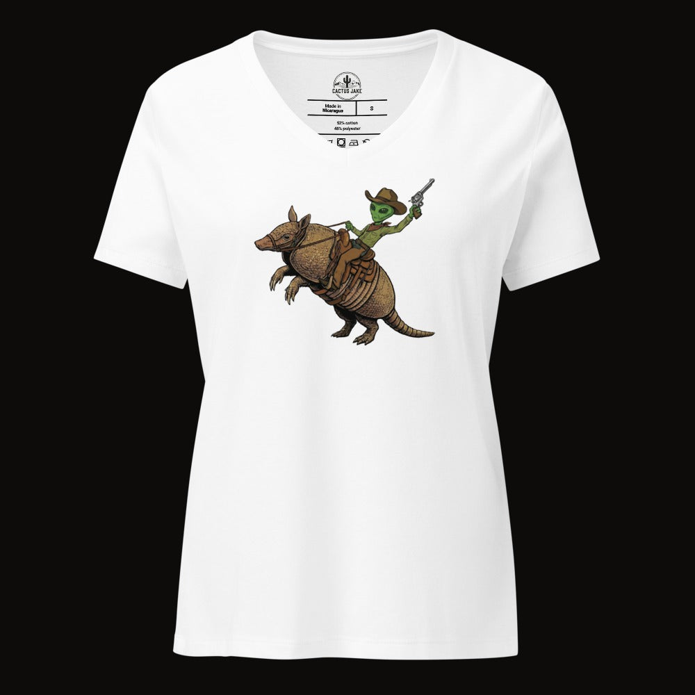 Solid White Blend V-neck tee with the Alien Cowboy Armadillo Rider graphic