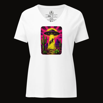 Solid White Blend V-neck tee with the Neon Cow Abduction graphic