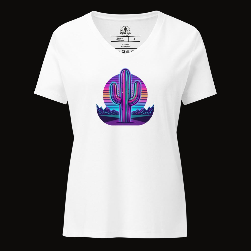 Solid White Blend V-neck tee with the 80S Neon Gradient Saguaro graphic