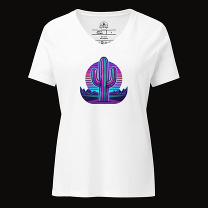 Solid White Blend V-neck tee with the 80S Neon Gradient Saguaro graphic