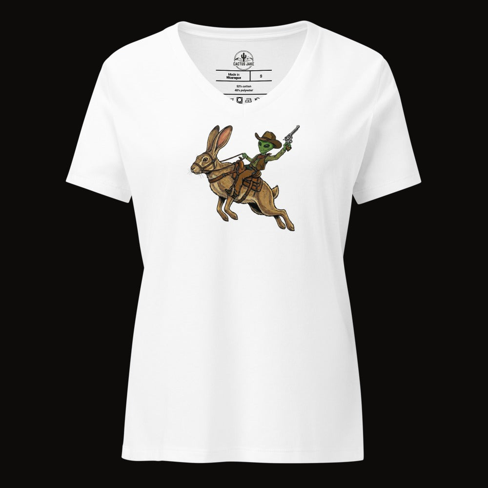 Solid White Blend V-neck tee with the Alien Cowboy on a Desert Hare graphic