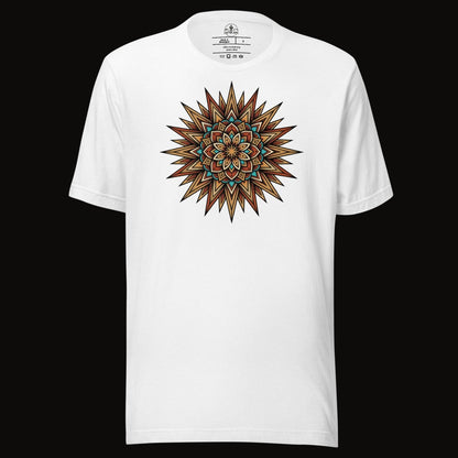 Solid White Blend tee with the Turquoise Burst Mandala graphic