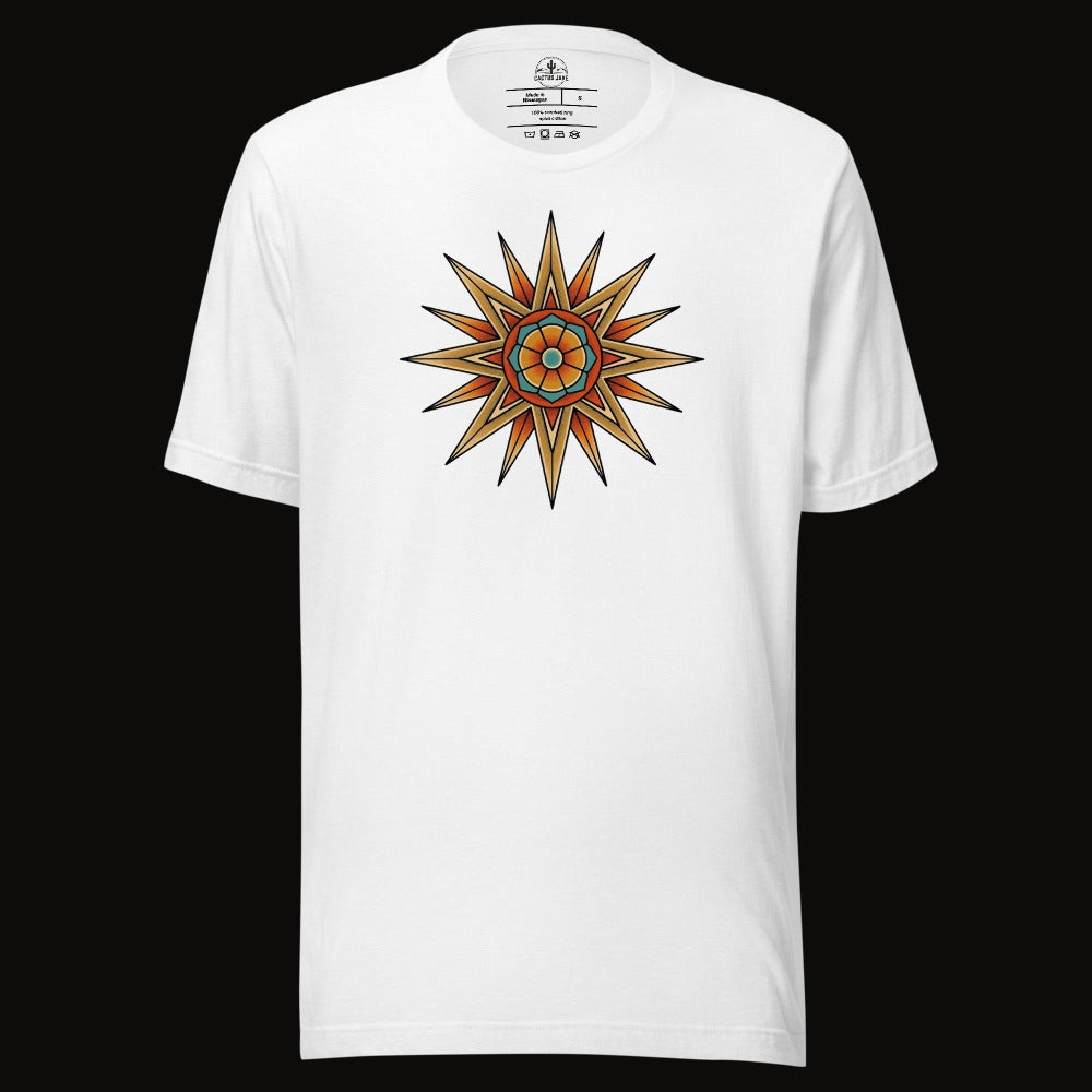 Solid White Blend tee with the Compass Star Mandala graphic