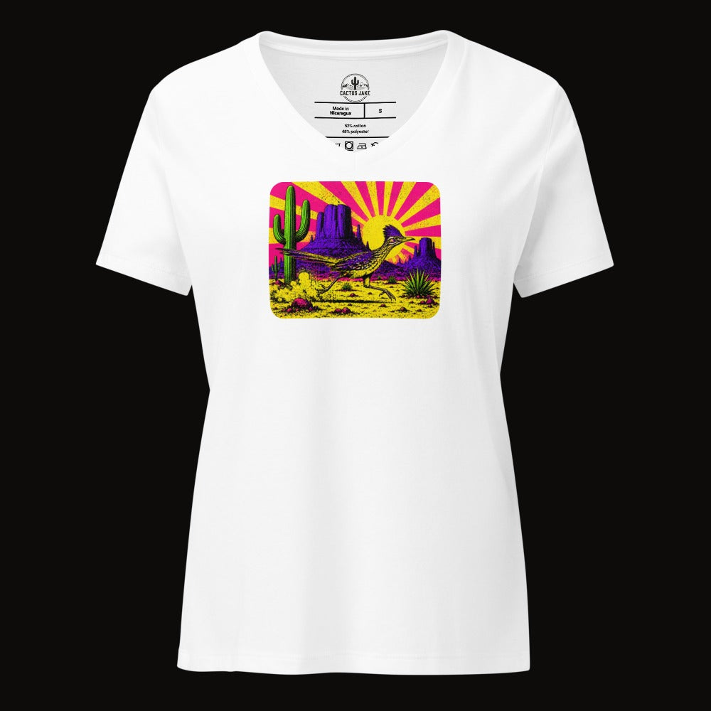 Solid White Blend V-neck tee with the Neon Roadrunner Monument Valley graphic