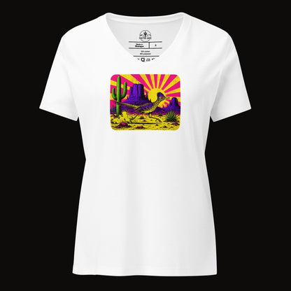 Solid White Blend V-neck tee with the Neon Roadrunner Monument Valley graphic