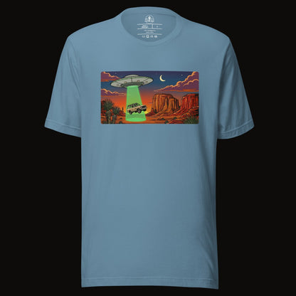 Steel Blue tee with the Desert Abduction Cruiser graphic