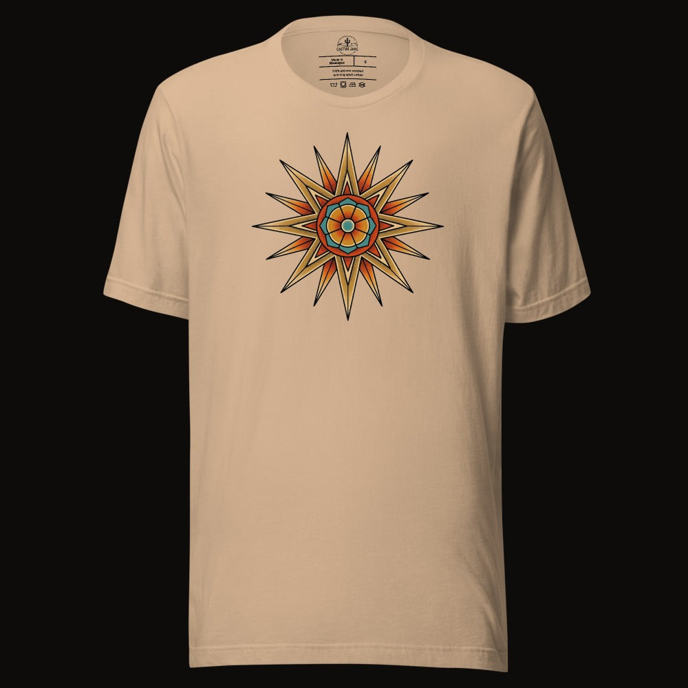 Tan tee with the Compass Star Mandala graphic