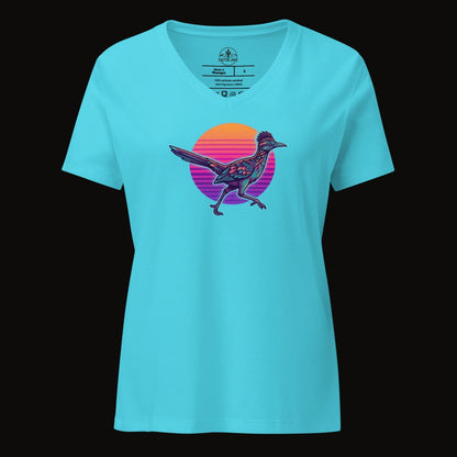 Turquoise V-neck tee with the Synthwave Roadrunner Sunset graphic