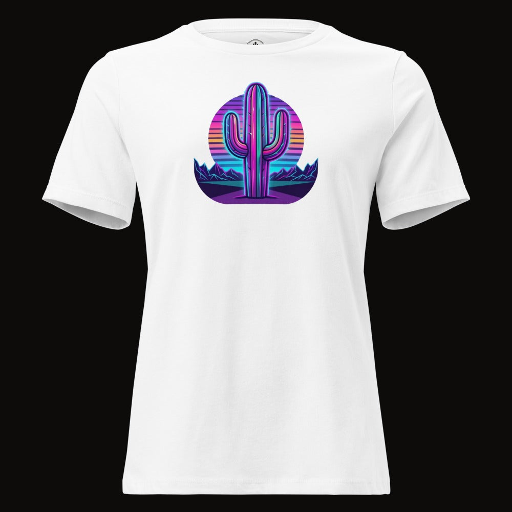 White tee with the Neon Saguaro Synthwave graphic