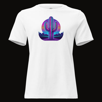 White tee with the Neon Saguaro Synthwave graphic