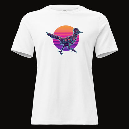 White tee with the Synthwave Roadrunner Sunset graphic
