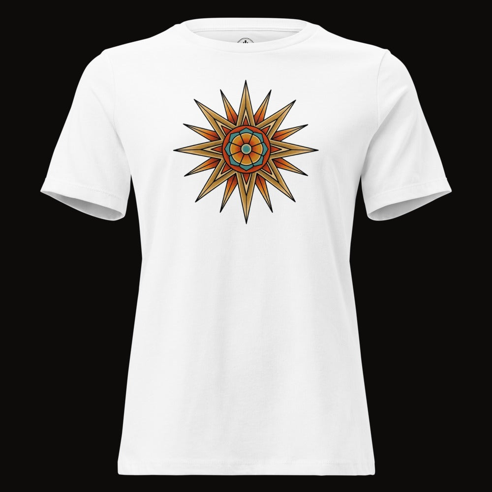 White tee with the Desert Mandala Star graphic