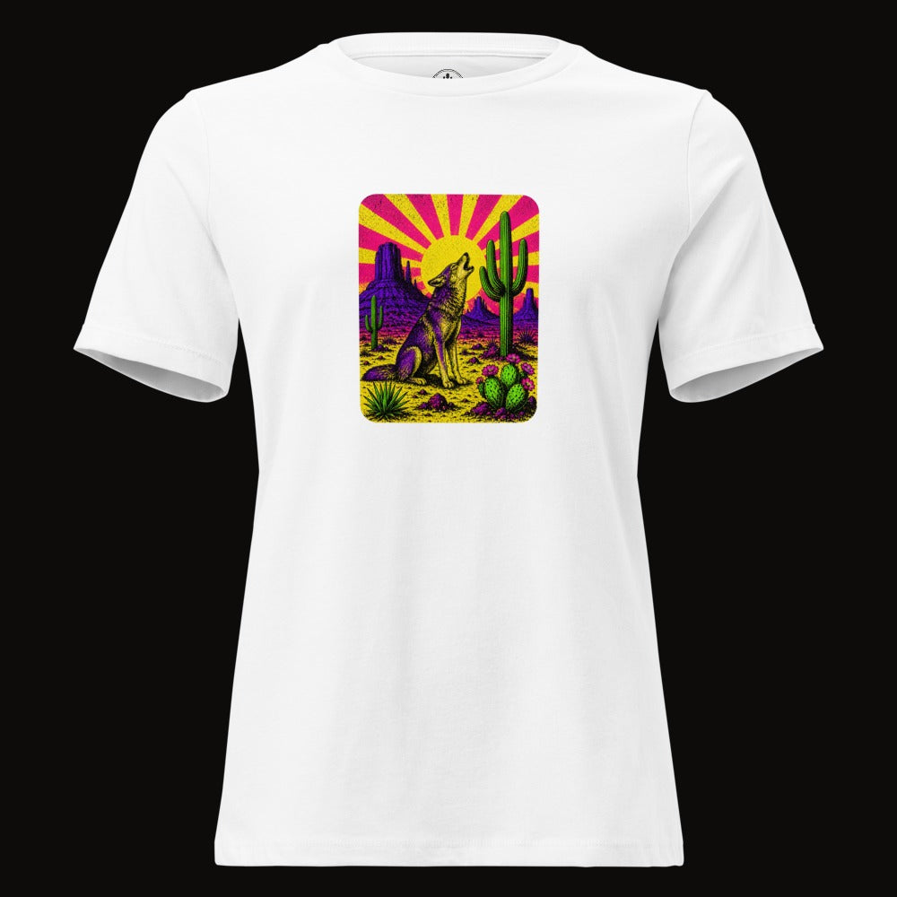White tee with the Neon Sunburst Howling Coyote graphic