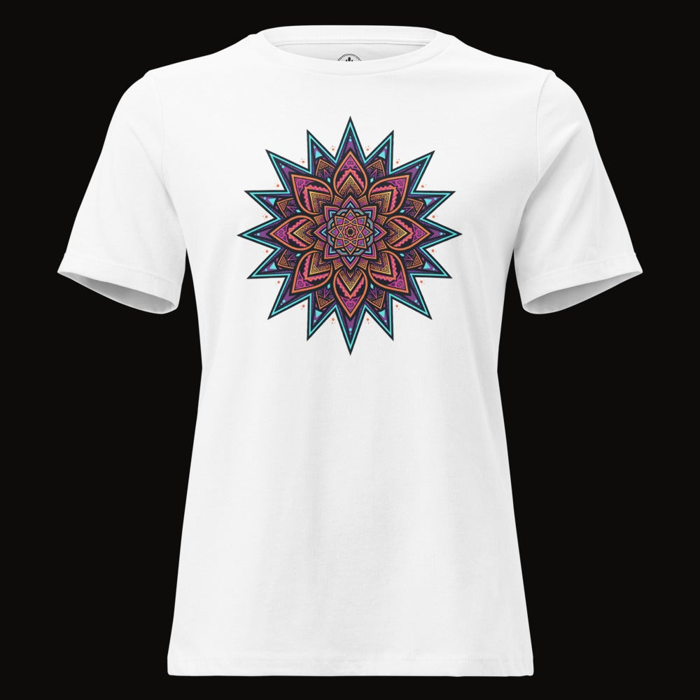 White tee with the Neon Mandala Star graphic