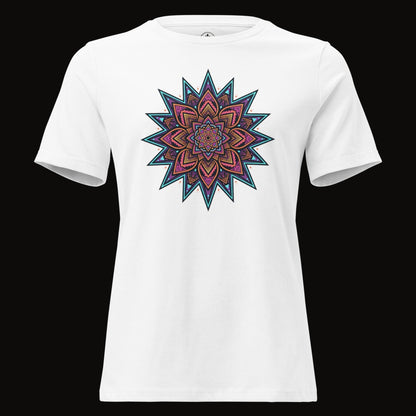 White tee with the Neon Mandala Star graphic