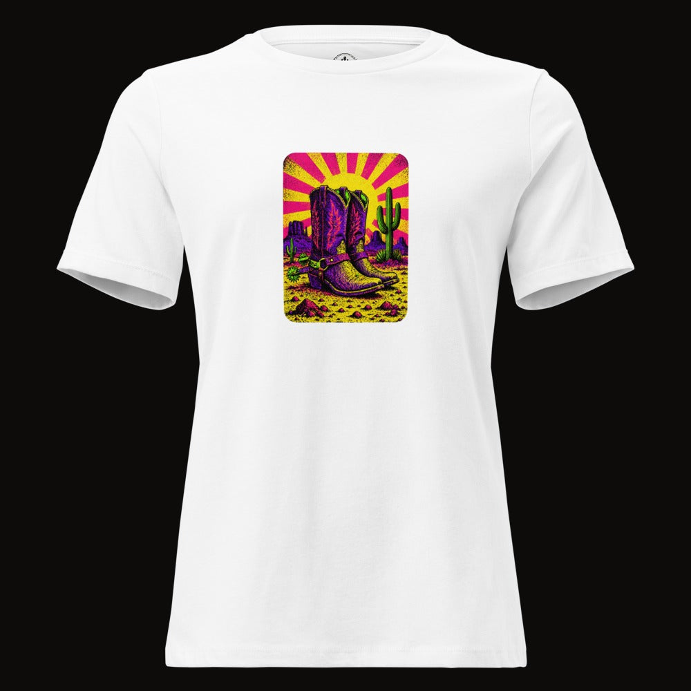 White tee with the Neon Sunburst Boots graphic