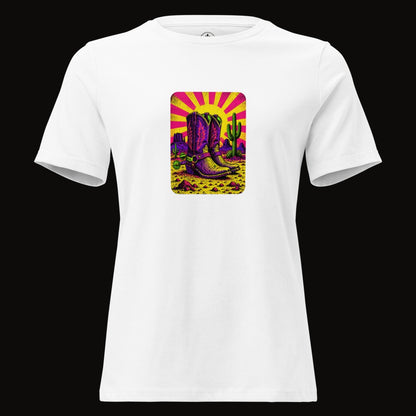 White tee with the Neon Sunburst Boots graphic
