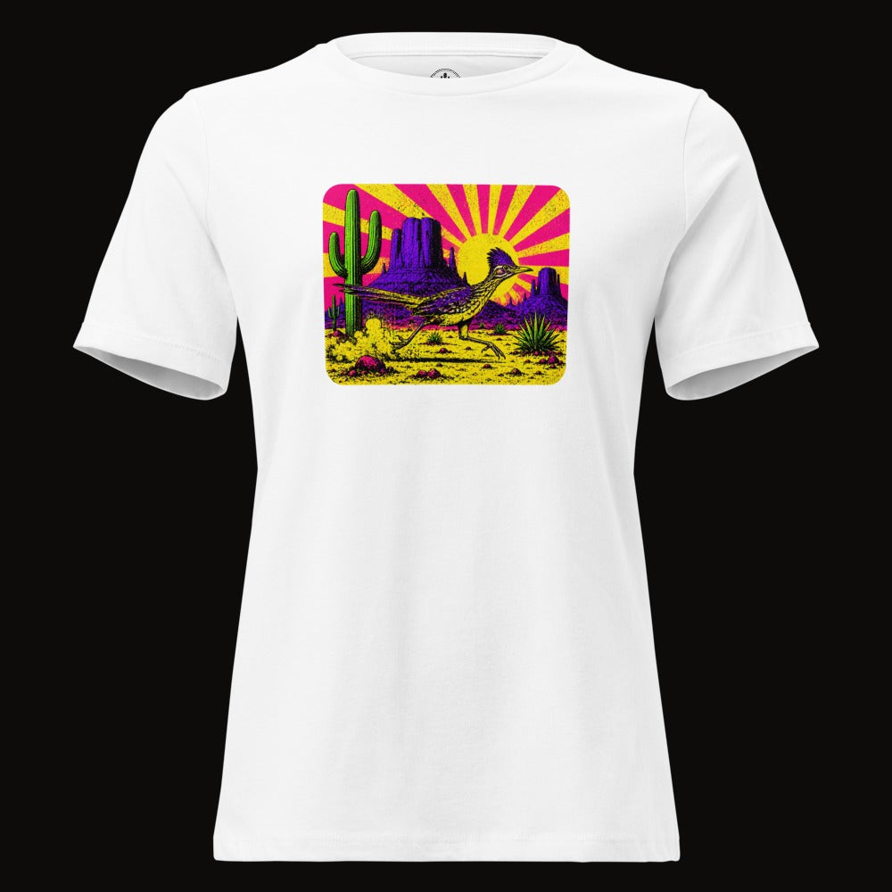 White tee with the Neon Roadrunner Monument Valley graphic