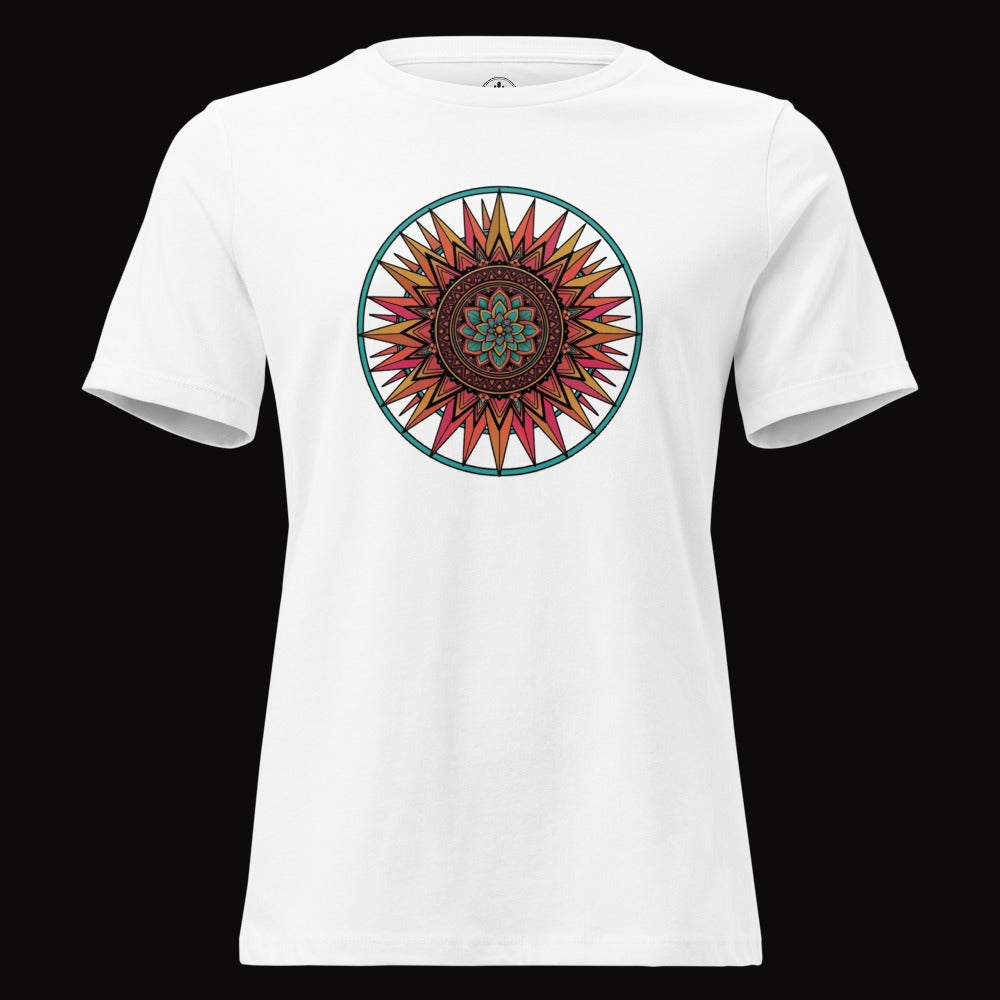 White tee with the Teal Ring Sunset Mandala graphic