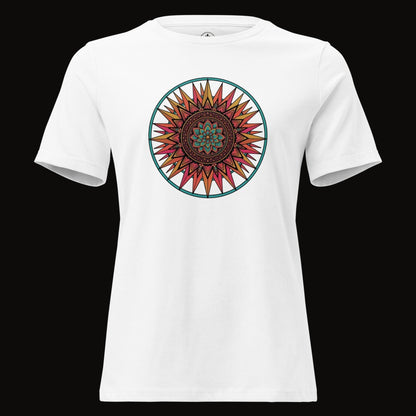 White tee with the Teal Ring Sunset Mandala graphic