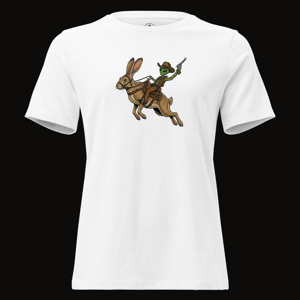 White tee with the Alien Cowboy Jack Rabbit graphic