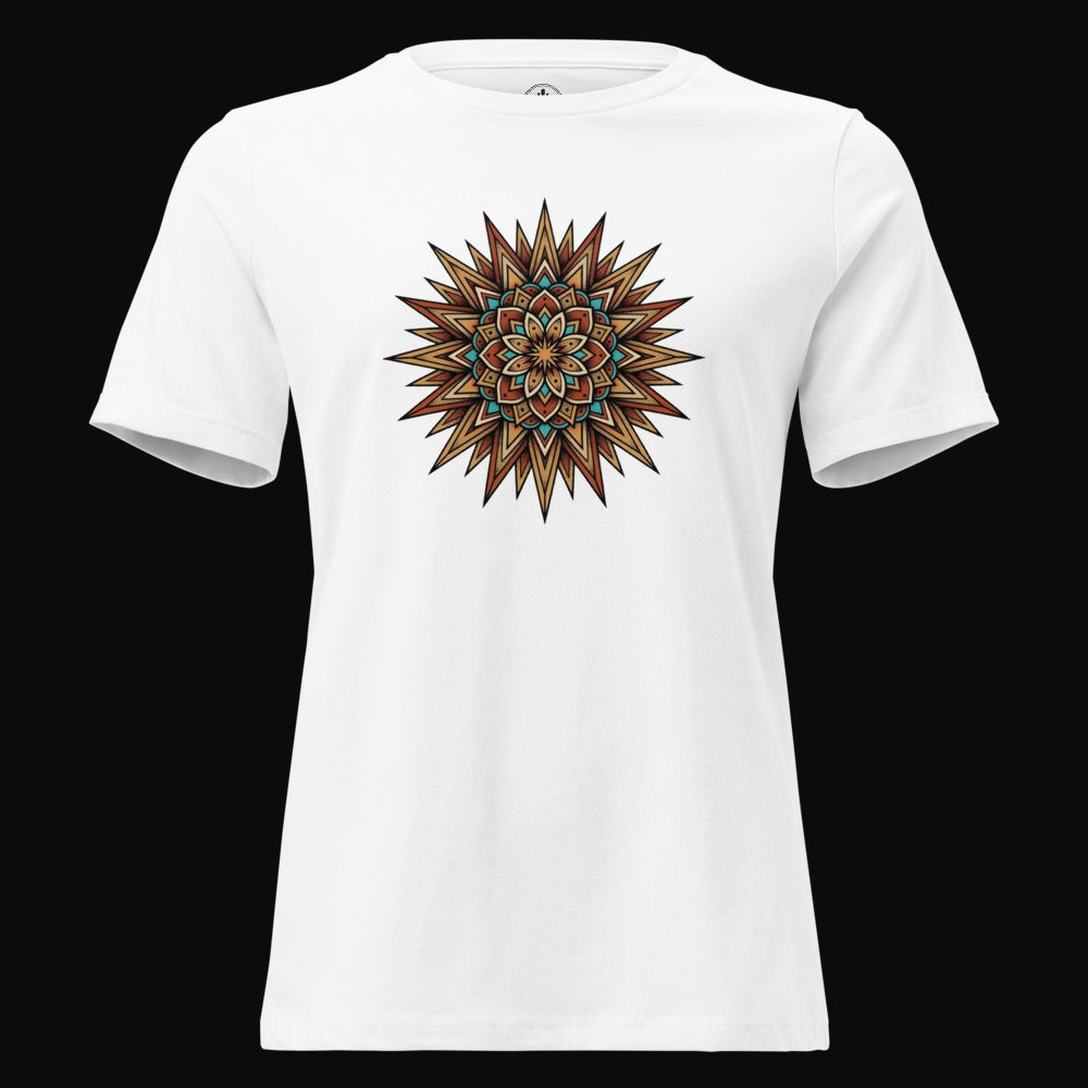 White tee with the Desert Sun Mandala graphic