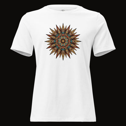 White tee with the Desert Sun Mandala graphic
