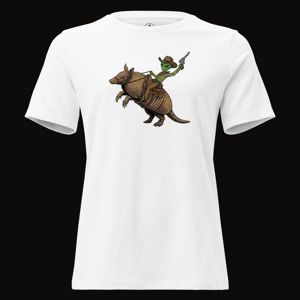 White tee with the Alien Cowboy Armadillo Rider graphic