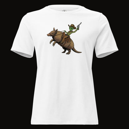 White tee with the Alien Cowboy Armadillo Rider graphic