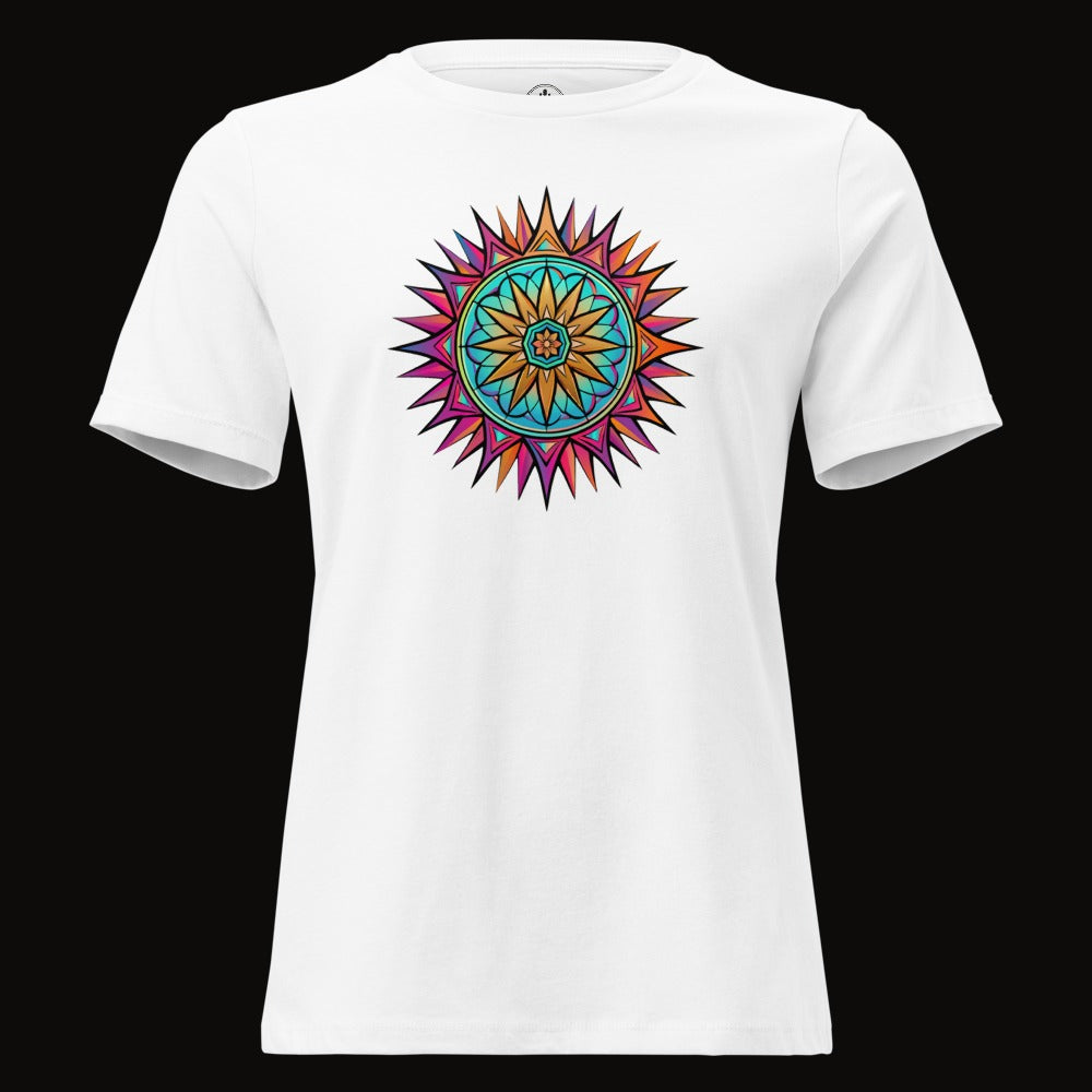 White tee with the Neon Gradient Mandala graphic
