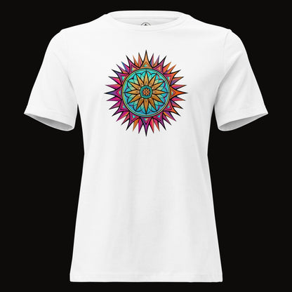 White tee with the Neon Gradient Mandala graphic
