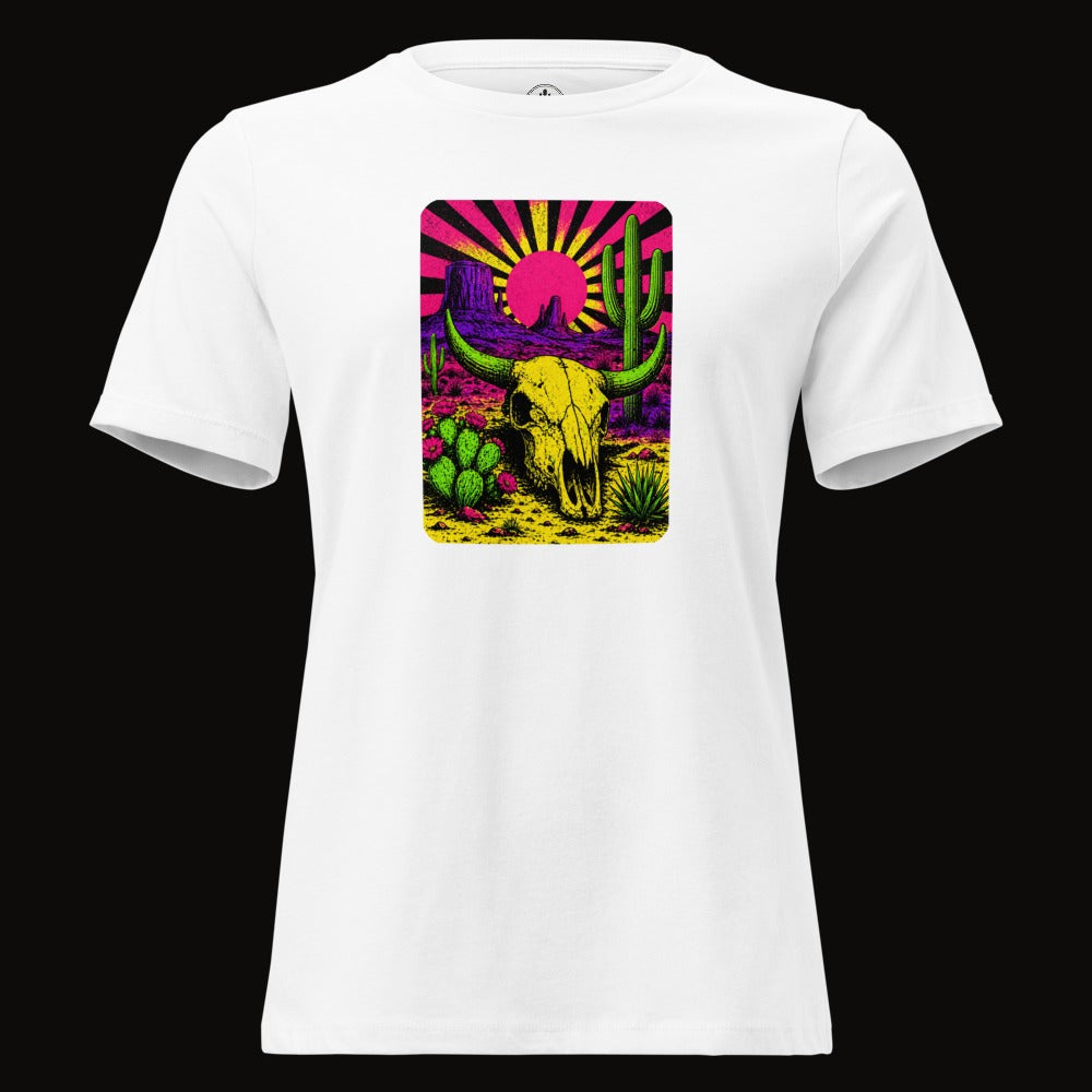 White tee with the Neon Skull Sunburst Desert graphic