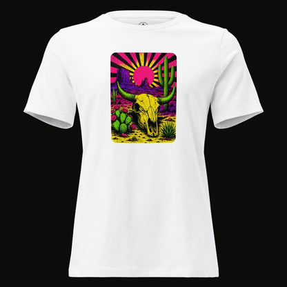 White tee with the Neon Skull Sunburst Desert graphic