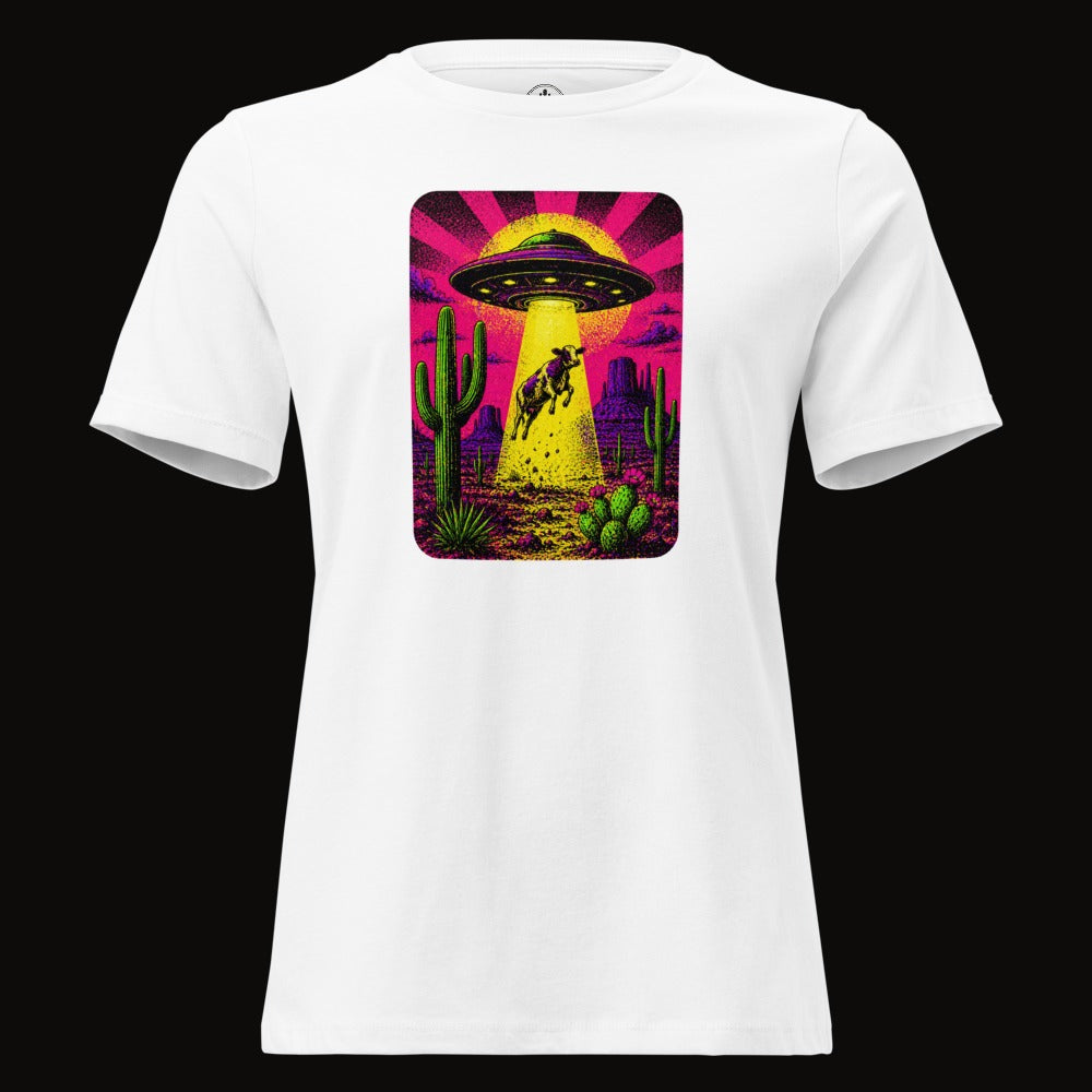 White tee with the Neon Cow Abduction graphic