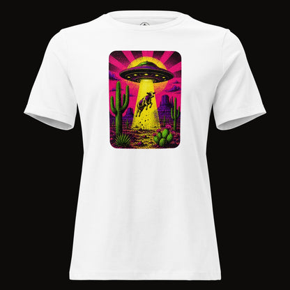 White tee with the Neon Cow Abduction graphic