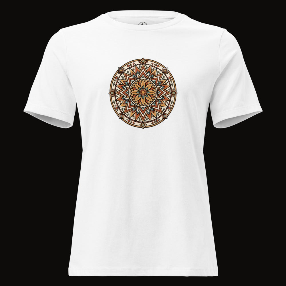 White tee with the Desert Bloom Mandala graphic