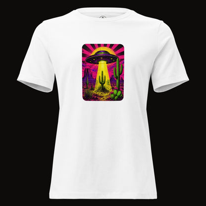 White tee with the Neon Beam Desert UFO graphic